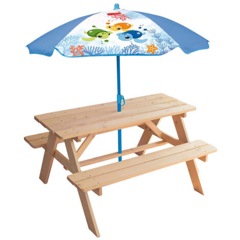 Mobilier de jardin - FUN HOUSE - Table pique-nique en bois Ma Petite Carapace H.53xL.95xP.100 cm avec parasol tortue H.125x100 c (1/2)
