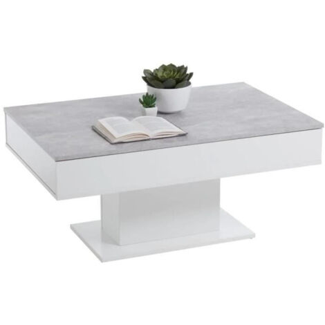 Table basse fixe bicolore avec plateau coulissant – Décor gris béton et blanc brillant – L100 x H46,1 x P65 cm – Design contemporain – FMD (1/7)