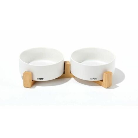 Bols céramique avec support en bambou 2x350 ml - Mpets - OPERA - Blanc (1/3)