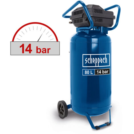 Scheppach Compresseur à air vertical HC85V – 14 bar – Cuve 80 L – Sans huile & peu d'entretien – 1600 W – Admission d'air 330 L/min – 2 raccords rapides et 2 manomètres – Transport facile