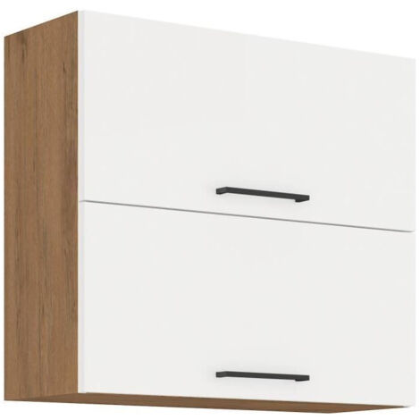 ROCK - Meuble haut - Mélaminé chene Lancelot et Blanc brillant - 80 cm - 2 portes basculantes (1/2)