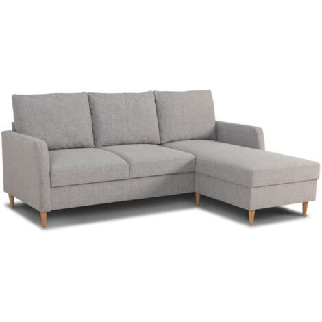 Canapé d'angle fixe 3 places CHIPY - Tissu gris souris - Réversible - L 192 x P 137 x H 82 cm - Pieds bois naturel (1/5)