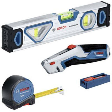 Bosch Professional – Coffret multi-outils 13 pièces 1600A027M3 – Niveau à bulles 25 cm – Mètre ruban 5 m – Couteau rétractable avec 13 lames en acier S2-CVM (1/10)