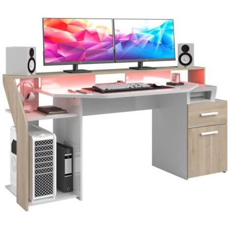 Bureau Silver avec LED - Décor chene et mélamine blanc brillant - L 178 x P 88 x H 68 cm - PARISOT (1/5)