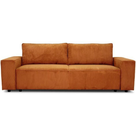 Canapé convertible 3 places en velours cotelé terracotta – Dimensions L 239 x P 86 x H 85 cm – Coffre de rangement pratique – Couchage 130 x 187 cm (1/5)