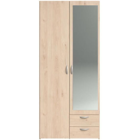 Armoire de chambre - VARIA - Décor chene - 2 portes dont 1 avec miroir - 2 tiroirs - 81 x 51 x 185 cm - PARISOT (1/5)
