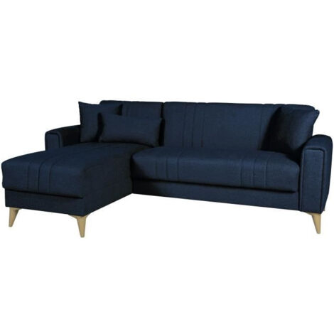 Canapé d'angle convertible réversible - 3 / 4 personnes - OMEGA - Tissu bleu foncé - Coffre - 3 coussins - 225 x 81/151 x 84 (1/5)