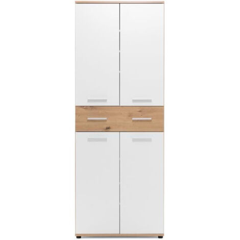 Armoire a chaussures - Décor Chene Artisan et blanc - L70 x P35 x H185 cm - 6 Étageres - 1 Tiroir - Capacité 24 Paires (1/5)