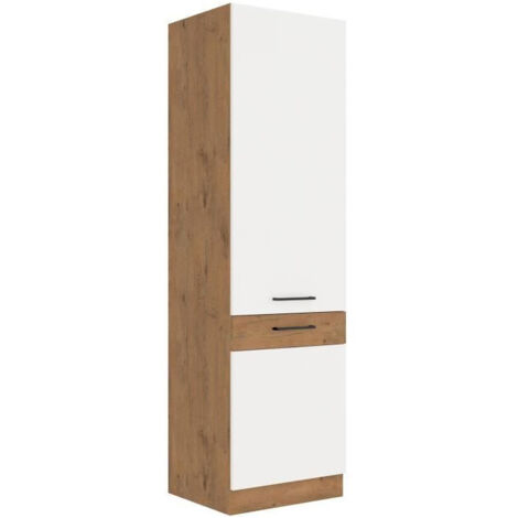 ROCK - Colonne - Mélaminé chêne Lancelot et Blanc brillant - 60 cm - 2 portes