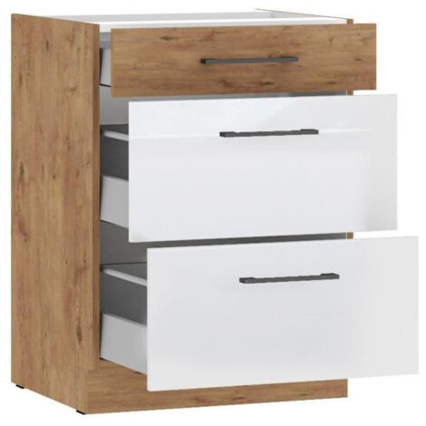 ROCK - Meuble bas casserolier - Mélaminé chene Lancelot et Blanc brillant - 60 cm - 3 tiroirs (1/2)