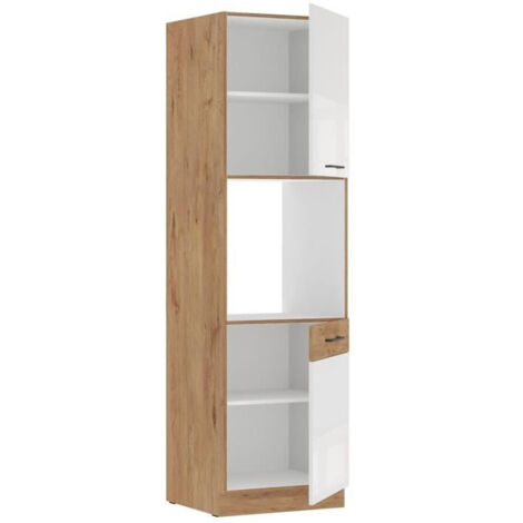 Colonne de cuisine mélaminé chêne Lancelot et blanc brillant – 60 cm de large – 210 cm de haut – 2 portes battantes – 3 étagères (1/2)