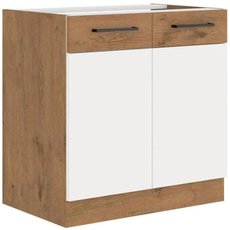 Rock - Meuble sous évier - Mélaminé chene Lancelot et Blanc brillant - 80 cm - 2 portes battantes (1/2)