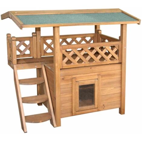 Maisonnette pour chat en bois – 2 niveaux – Dimensions 77 x 50 x 73 cm – Toit bitumé résistant aux intempéries – Marron/Vert – Kerbl