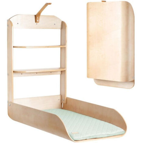 Table à langer murale rabattable en bois naturel – Dimensions dépliée H 85 x L 49 x P 76,5 cm – 2 étagères intégrées – Matelas PU inclus – Roba