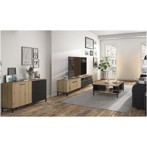 Ensemble de meubles de salon – meuble TV, table basse et buffet bas – Chêne noir contemporain – Rangement optimal – Gami