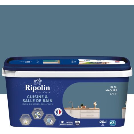 Peinture murs, boiseries, plafonds, radiateurs - RIPOLIN - Cuisine et bain - 2 L - Bleu Madura (1/3)