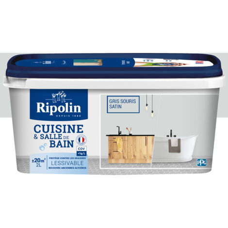 Peinture murs, boiseries, plafonds, radiateurs - RIPOLIN - Cuisine et bain - 2 L - Gris Souris (1/5)