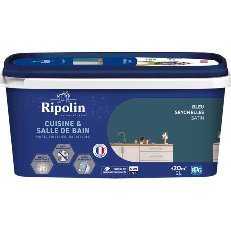 Peinture murs, boiseries, plafonds, radiateurs - RIPOLIN - Cuisine et bain - 2 L - Bleu Seychelles (1/5)