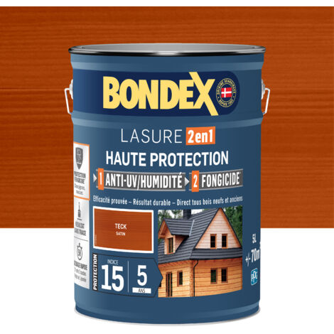 Bondex – Lasure extérieure satinée 5L – Haute protection pour bois dur et teck – Application facile, 2 couches recommandées – Résistance intempéries