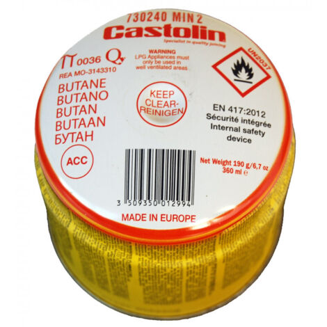 Cartouche butane 190g avec sécurité – Système STOP GAZ – Raccord perçable universel – Compatible chalumeaux Castolin 500 et 600