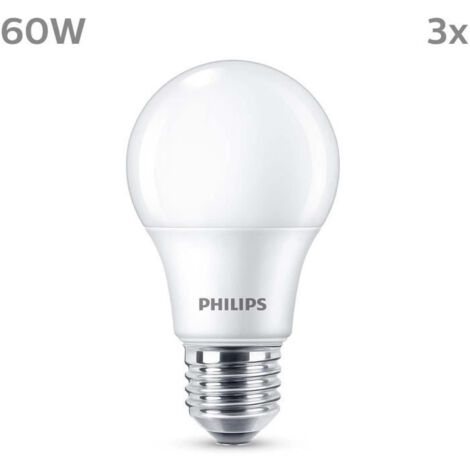 Philips – Ampoule LED E27 60W – Blanc chaud dépolie – Non-dimmable – Lot de 3 – Durée de vie 30 000 heures