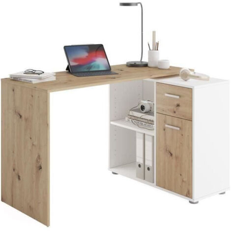 Bureau d'angle avec rangements Albrecht - Mélaminé chene et blanc - L83 x H74 x P117 cm (1/5)
