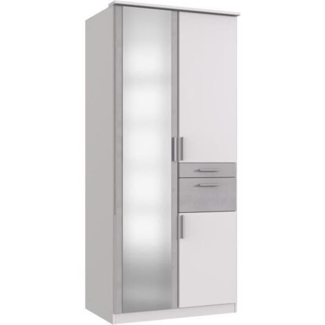 Armoire de chambre WIMEX VOLOS 3 portes battantes avec miroir et 2 tiroirs blanc effet béton gris clair 90x58x199 cm (1/2)