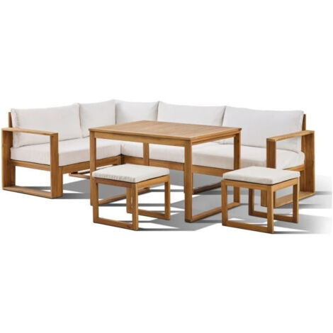 Salon de jardin modulable blanc cassé en bois d'acacia massif – Capacité 6 personnes – Housse de protection incluse – Bocarnea (1/5)