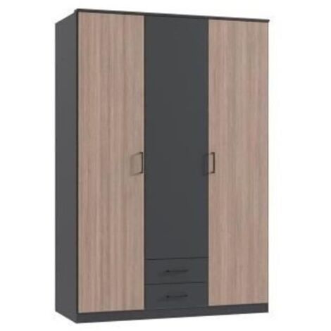 Armoire de chambre - AGIA - Graphite - 3 portes battantes - 2 tiroirs - 135 x 199 x 58 cm (1/3)