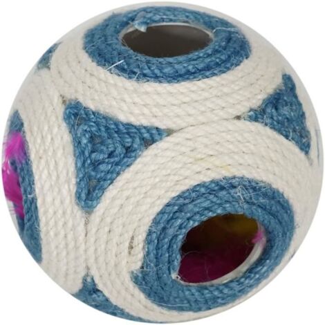 Boule griffoir pour chat AIME XXL 11,5 cm - Jute 100% Bleu pétrole et blanc (1/4)