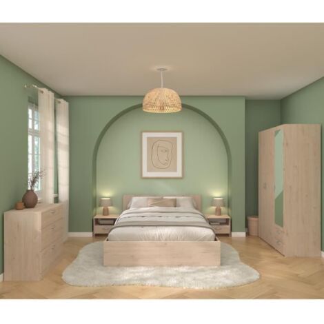 Chambre complète VARIA chêne marron – Lit 140 x 200 cm – 2 chevets, 1 commode, 1 armoire 3 portes avec miroir – Panneaux de particules – Parisot (1/5)
