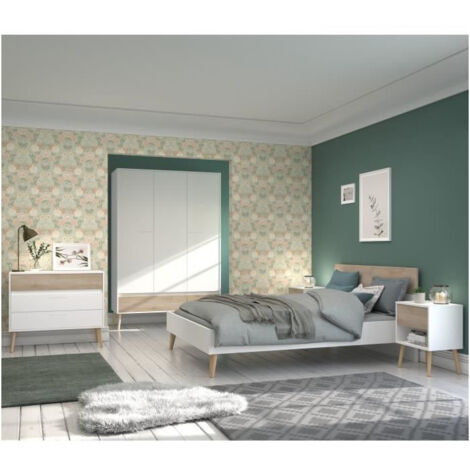 Chambre complete - AALBORG - Scandinave - Blanc / Chene - Lit 140 x 190 cm, 2 chevets, commode, armoire - PARISOT