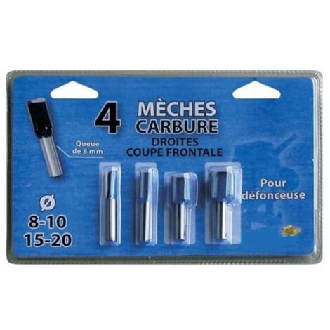 Leman – Lot de 4 mèches droites carbure 8mm pour défonceuse – Résistantes pour bois dur – Coupe nette – Accessoires inclus D.8/10/15/20