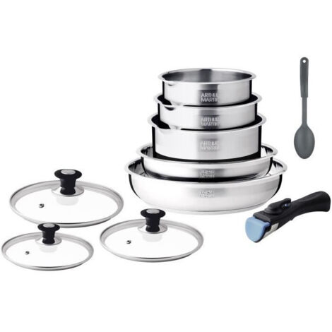 Arthur Martin – Batterie de cuisine induction AM4485 – Acier inoxydable – 10 pièces – Poignée amovible – Graduation et bec verseur (1/4)