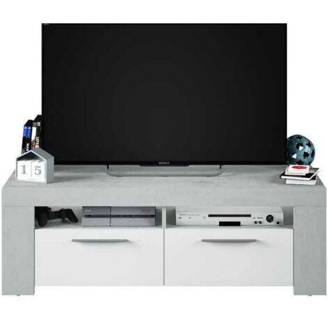 Meuble TV contemporain effet béton et blanc Artik – 2 portes – 2 niches de rangement – Panneaux MDF mélaminés – Dimensions 120 x 42 x 40 cm – Usinestreet (1/5)