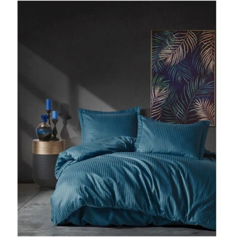 Parure de lit - 129CTN63907 - 1 housse de couette 220 x 240 cm + 2 taies d'oreiller 60 x 60 cm - Satiné 100% coton - Bleu (1/5)