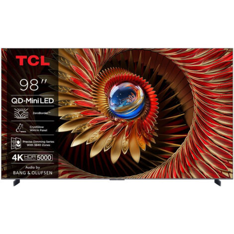 TCL – TV QD Mini LED 98 pouces – 4K UHD – Aluminium brossé – 2 ports HDMI – Taux de rafraîchissement 120Hz – Classe énergétique A