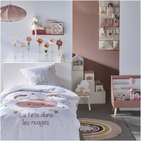 Parure de lit enfant + pouf pliant coffre de rangement - TODAY - RAINBOW - 140 x 200 cm - Coton