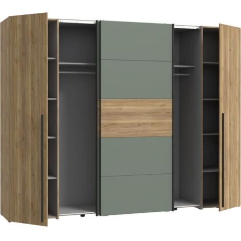 Armoire de chambre 2 portes battantes et 2 portes coulissantes – Chêne Mauvella et sauge – Dimensions 270,3 x 61,2 x 210,5 cm – Forte Möbel