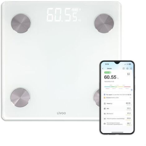 Balance connectée - LIVOO - DOM528W - 17 indicateurs - Max 180 kg - 8 profils - LED - Blanc