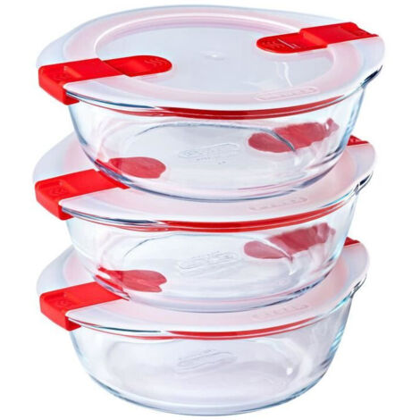 Lot de 3 lunch box - PYREX - Cook & Heat - Verre - Rond - Couvercle a valves vapeur spécial micro-onde - 1,1 L (1/5)