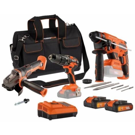 Pack 3 outils - DUAL POWER - 20 V - Perceuse/visseuse + meuleuse d'angle + marteau perforateur - 2 batteries et chargeur - Sac (1/5)