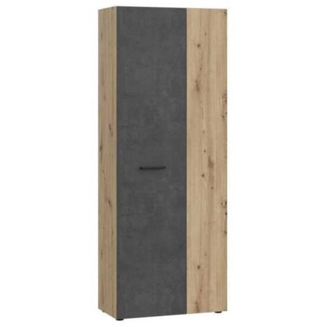 Forte – Armoire de rangement béton gris foncé et chêne – 2 portes – 3 tablettes – 68,7 x 36,5 x 181,1 cm – Design industriel chic (1/5)