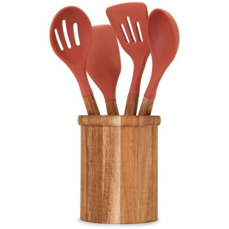Set de 4 ustensiles - LIVOO - MES153 - Pot et ustensiles acacia FSC - En silicone 31 cm - Pot 15 x 12 cm (1/5)
