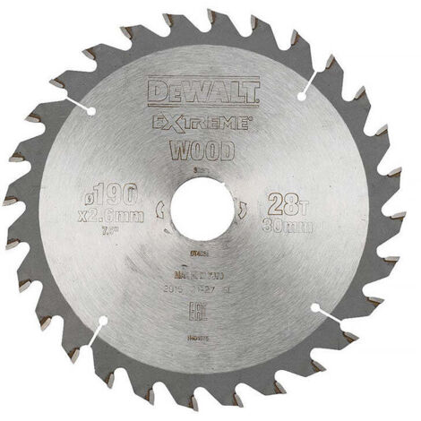 Dewalt – Lame de scie circulaire 184mm – Alésage 16mm – 28 dents carbure K10 – Pour coupes nettes dans bois dur et stratifiés (1/4)
