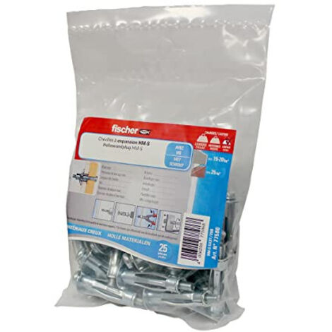 Fischer – Cheville pour support creux 5 × 52 mm – Lot de 25 – Capacité de charge jusqu'à 20 kg – Pour plaques de carton-plâtre et panneaux légers