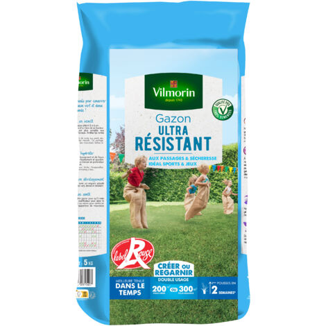 Gazon ultra résistant Label Rouge 5 kg – Tapis végétal dense pour usages intensifs – Convient à tous types de terrains – Taux de germination 10% supérieur – Vilmorin (1/3)