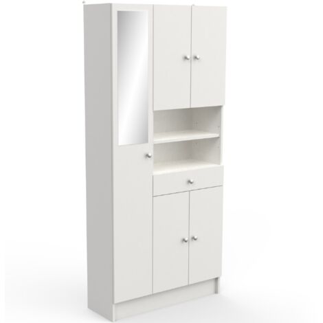 M&S – Colonne de salle de bain 5 portes – 1 tiroir – 2 niches – miroir – blanc mat – L82 x P32 x H180 cm – Fabrication française