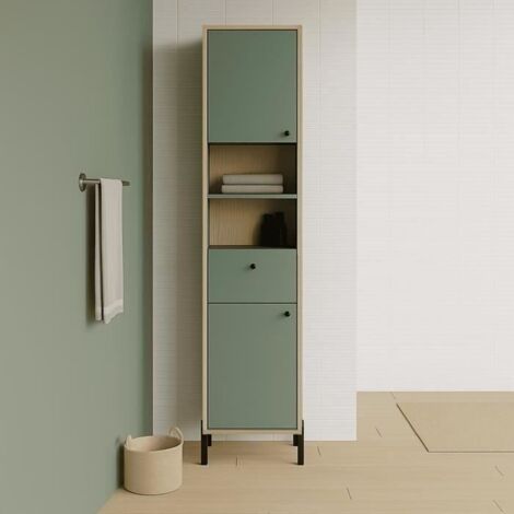 Meuble de salle de bain - Colonne - 2 portes - tiroir + niches - L38,8 x P33 x H201,5cm - Vert et chene - DEMEYERE (1/5)