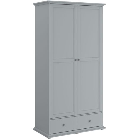 Les Tendances – Armoire de chambre 2 portes 2 tiroirs – Gris galet – L104 x P53 x H202 cm – Panneaux de particules 15 mm – Finition boutons métal patiné (1/5)